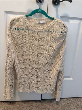 Zara Cream Open-Knit Long Sleeve Sweater